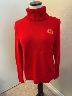 Lauren Jeans Co Red Ribbed Turtleneck Sweater with Gold Crest